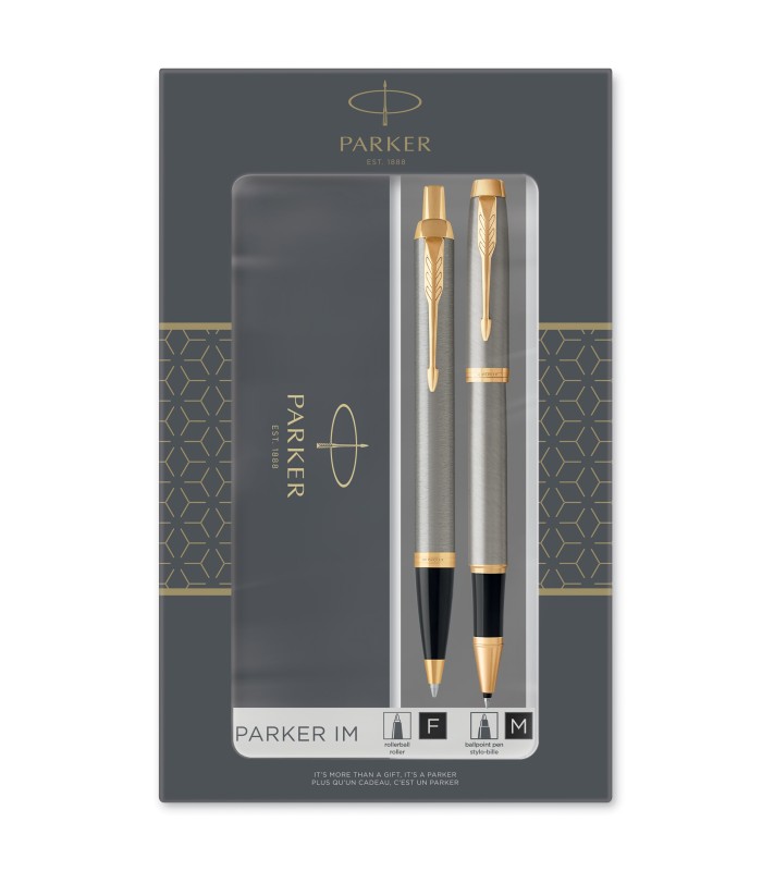 Parker IM Duo Gift Set with Ballpoint Pen & Rollerball Pen | Brushed Metal with Gold Trim | Black Ink Refill & Cartridge | Gift 