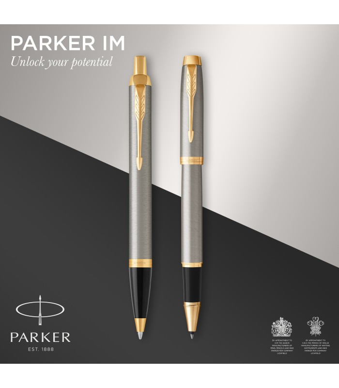 Parker IM Duo Gift Set with Ballpoint Pen & Rollerball Pen | Brushed Metal with Gold Trim | Black Ink Refill & Cartridge | Gift 