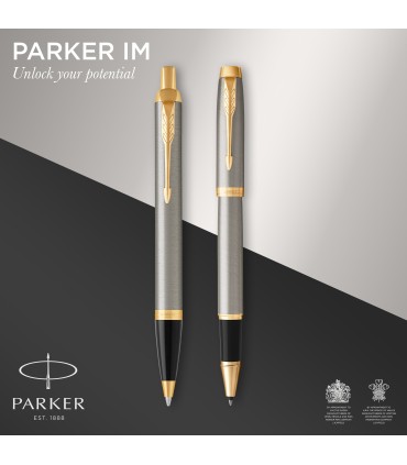Parker IM Duo Gift Set with Ballpoint Pen & Rollerball Pen | Brushed Metal with Gold Trim | Black Ink Refill & Cartridge | Gift 