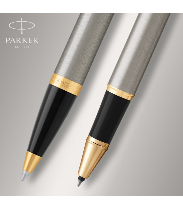 Parker IM Duo Gift Set with Ballpoint Pen & Rollerball Pen | Brushed Metal with Gold Trim | Black Ink Refill & Cartridge | Gift 