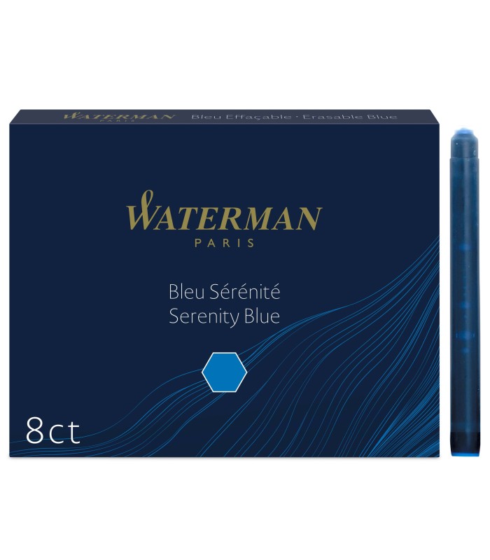 Waterman Fountain Pen Refill Ink Cartridges | Long Standard | Serenity Blue | 8 Count