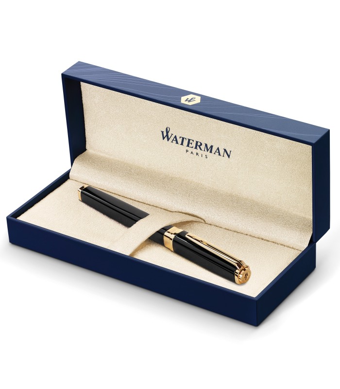 Waterman Exception Fountain Pen | Slim Black with 23k Gold Clip | Fine Nib with Blue Ink Cartridge | Gift Box