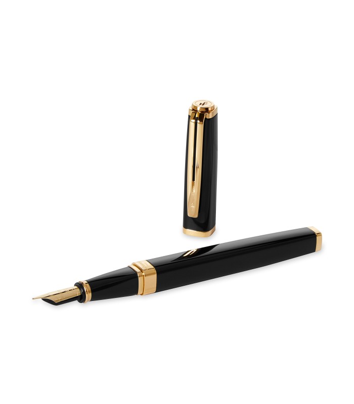 Waterman Exception Fountain Pen | Slim Black with 23k Gold Clip | Fine Nib with Blue Ink Cartridge | Gift Box